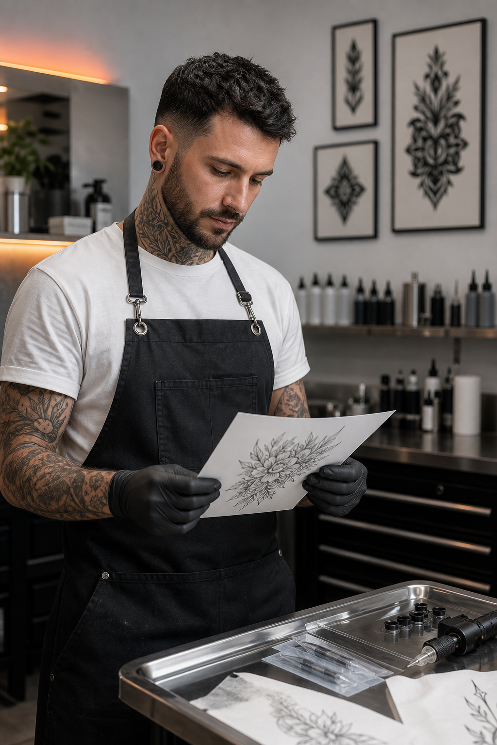 Tattoo Artist Juno Vale prueft ein Motiv