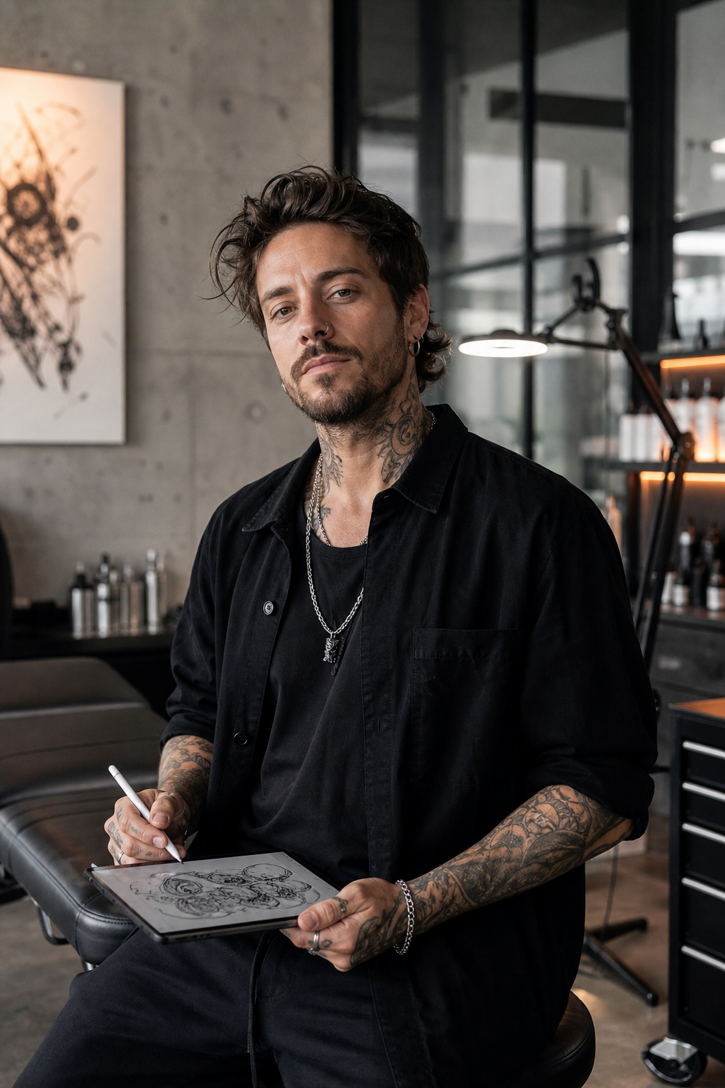 Tattoo Artist Noa Rey mit Tablet im Atelier