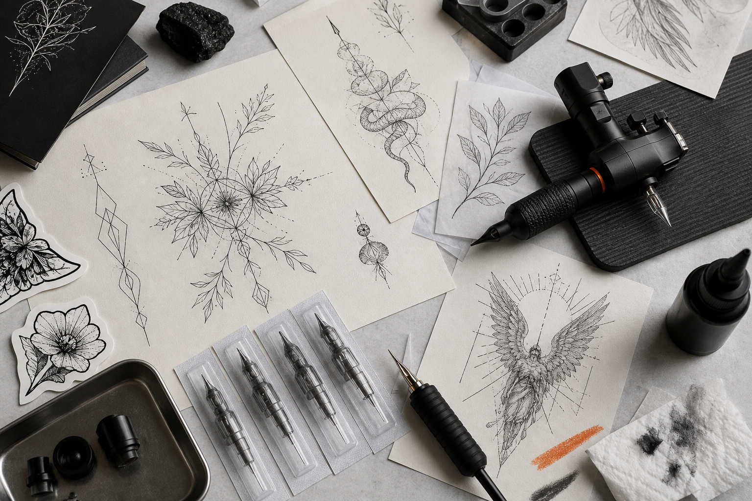 Tattoo Flash Sheets und Studio-Werkzeuge auf einem Tisch