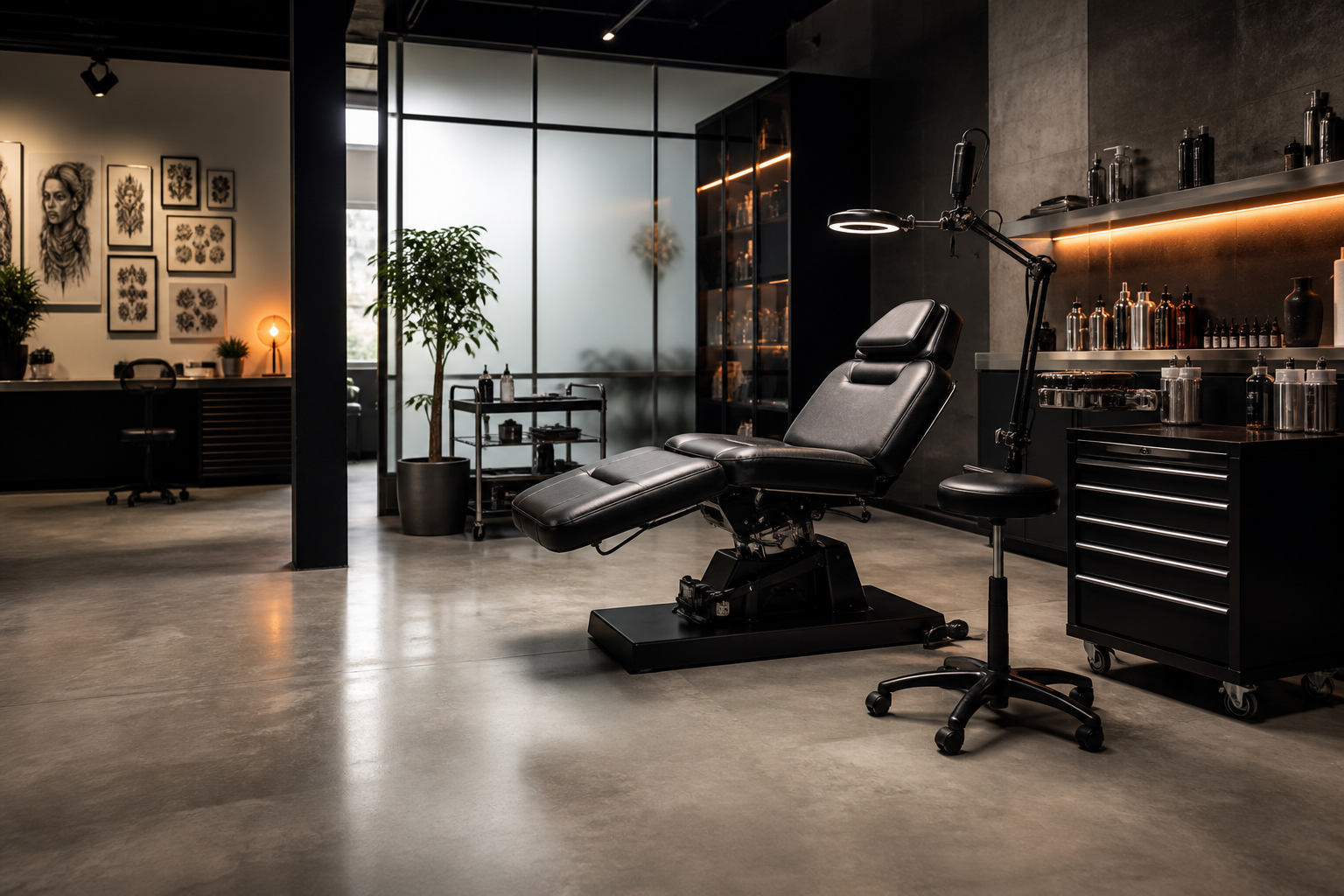 Modernes Tattoo Studio mit schwarzem Stuhl und warmem Licht